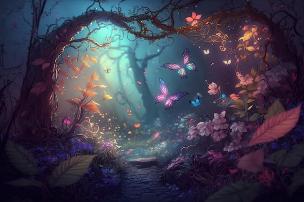 Bosque de elfos de fantasía con flores florecientes y mariposas coloridas