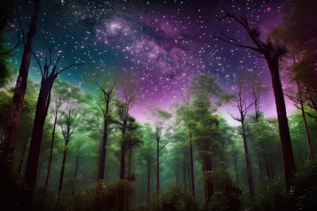 Bosque encantado con árboles morados y verdes rodeados de estrellas brillantes creadas con ai generativo