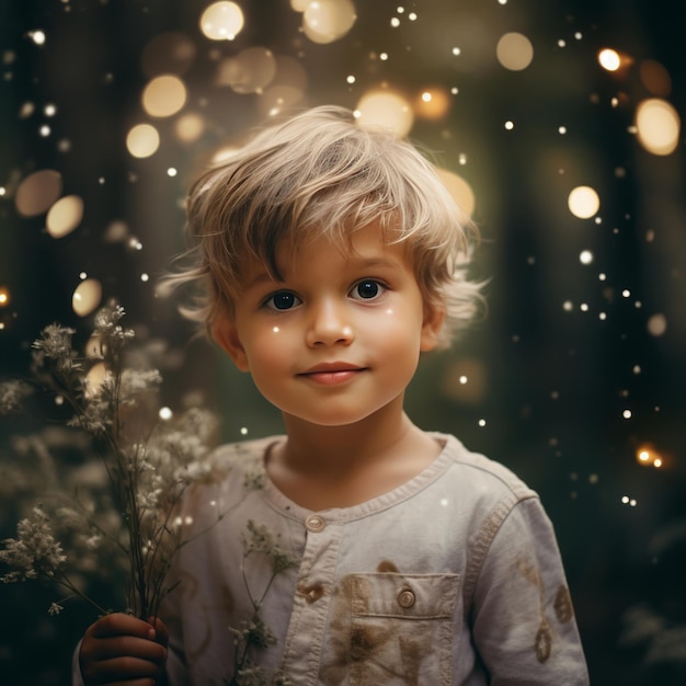 En el bosque encantado capturando la inocencia de un niño de cinco años en un dulce cuento de hadas pastel