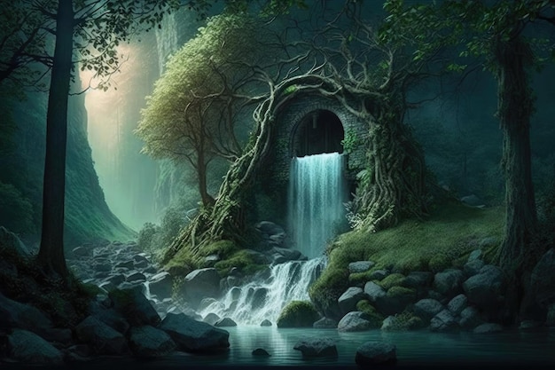 Bosque encantado con cascada que da vida al paisaje.
