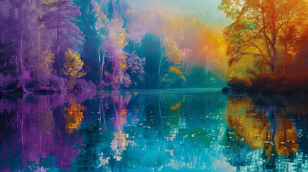 Un bosque encantado y colorido que se refleja en un lago sereno al atardecer.