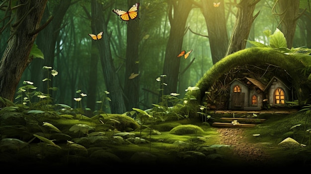 bosque encantado de fondo casa frondosa rodeada de mariposas IA generativa