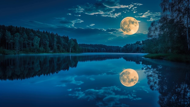 Bosque encantado y lago iluminado por la luna