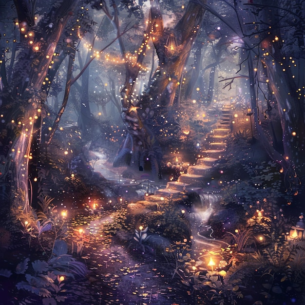 Un bosque encantado con luces de hadas relucientes y criaturas encantadas