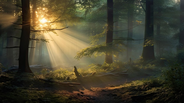 Bosque encantado con la luz de la mañana brumosa