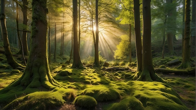 Bosque encantado con la luz del sol que fluye