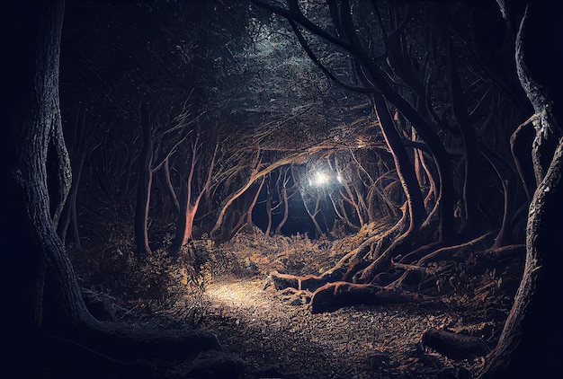 Bosque encantado oscuro y espeluznante con luz brillante en el fondo del camino Concepto de Halloween y cuento de hadas AI generativa