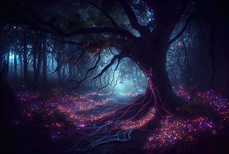 Foto bosque encantado oscuro y espeluznante con luz de hada brillante y luciérnagas ia generativa