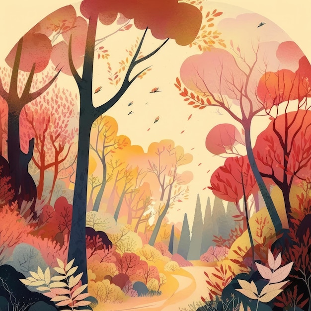 Foto bosque encantado de otoño con sendero dorado