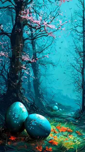 Foto un bosque encantado de pascua con huevos místicos y cerezas en flor un mágico despertar de primavera