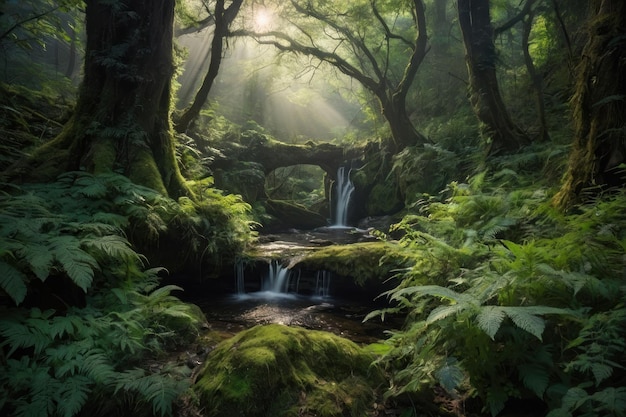 Bosque encantado con rayos de sol y cascadas