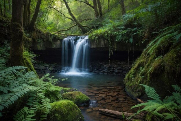 Foto bosque encantado con rayos de sol y cascadas