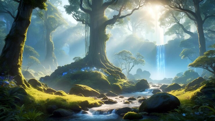 Un bosque encantado sereno bañado en la suave luz del amanecer con plantas brillantes místicas que se elevan