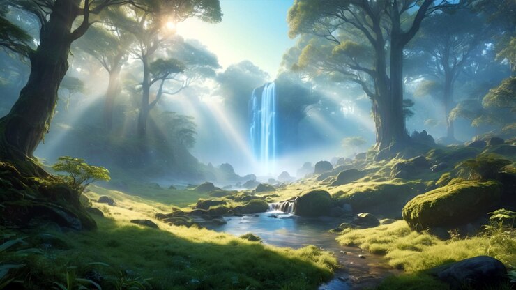 Un bosque encantado sereno bañado en la suave luz del amanecer con plantas brillantes místicas que se elevan