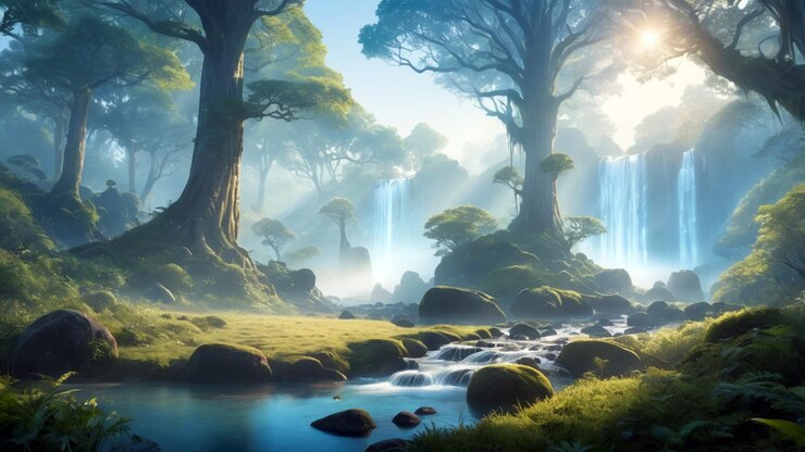 Un bosque encantado sereno bañado en la suave luz del amanecer con plantas brillantes místicas que se elevan