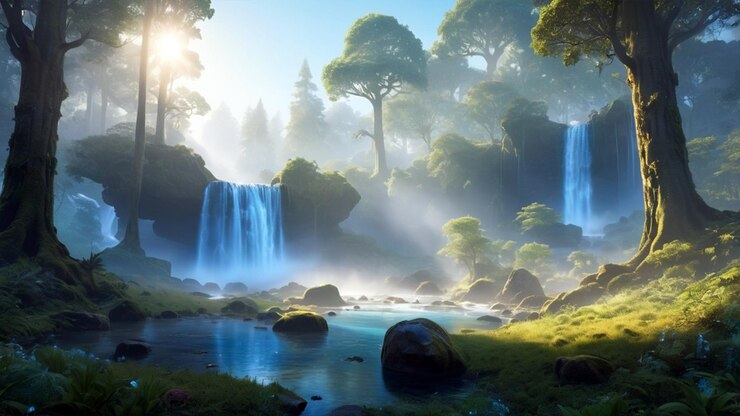 Un bosque encantado sereno bañado en la suave luz del amanecer con plantas brillantes místicas que se elevan