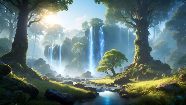 Un bosque encantado sereno bañado en la suave luz del amanecer con plantas brillantes místicas que se elevan