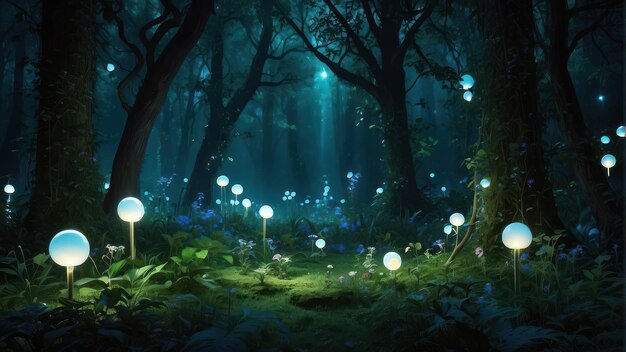 Bosque encantado con setas brillantes por la noche