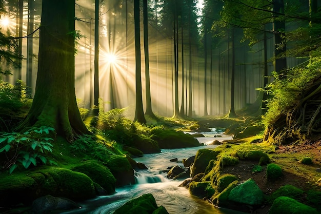 Un bosque encantador iluminado por el resplandor de la luz solar que filtra a través de la densa cubierta de árboles Recurso creativo AI Generado
