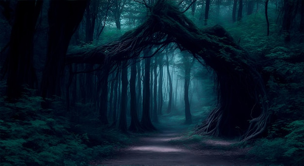 Bosque escuro e assustador com trilha