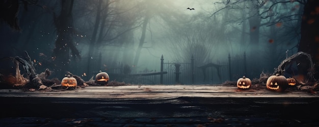 Foto un bosque espeluznante y aterrador con una calabaza en el tablero de madera aterradora noche de halloween generativa ai