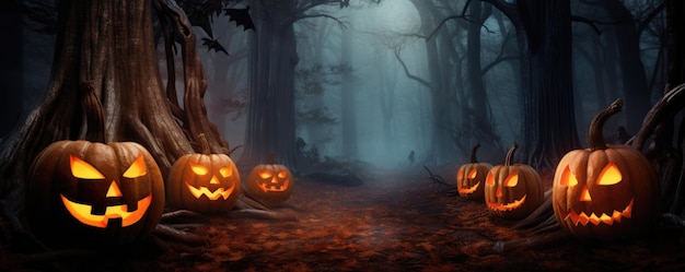 Un bosque espeluznante y aterrador con una calabaza en el tablero de madera Noche de Halloween aterradora Generativa ai