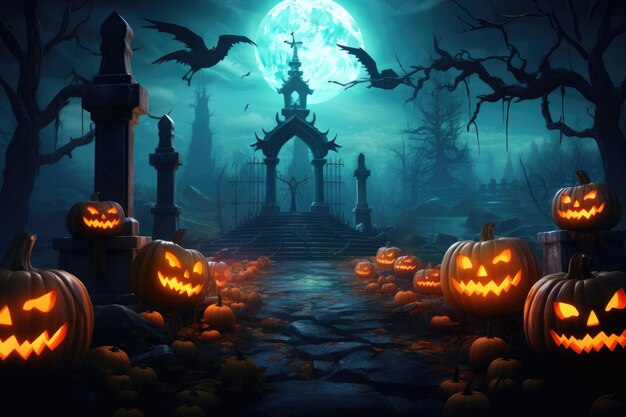 Un bosque espeluznante y aterrador con una luna de murciélago calabaza en una aterradora noche de Halloween Generativa ai
