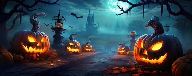 Un bosque espeluznante y aterrador con una luna de murciélago calabaza en una aterradora noche de Halloween