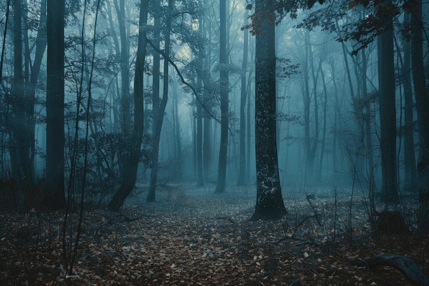 Bosque espeluznante y brumoso en una mañana fría