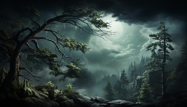 Bosque espeluznante misterio oscuro paisaje brumoso horror noche fantasía otoño generado por inteligencia artificial