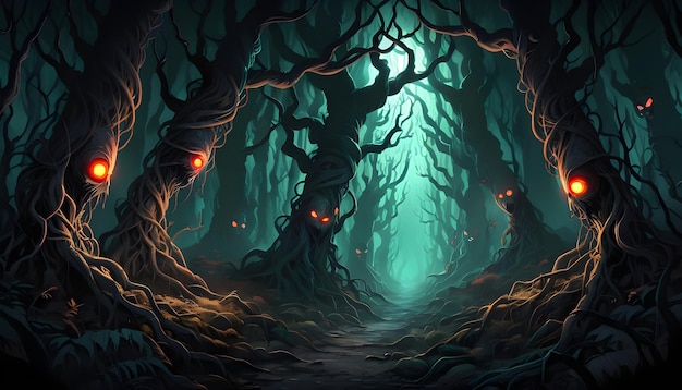 un bosque espeluznante con ojos brillantes mirando desde detrás de las ramas retorcidas