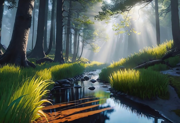 bosque en una espesa y densa niebla con el reflejo de los rayos del sol penetrando a través del follaje