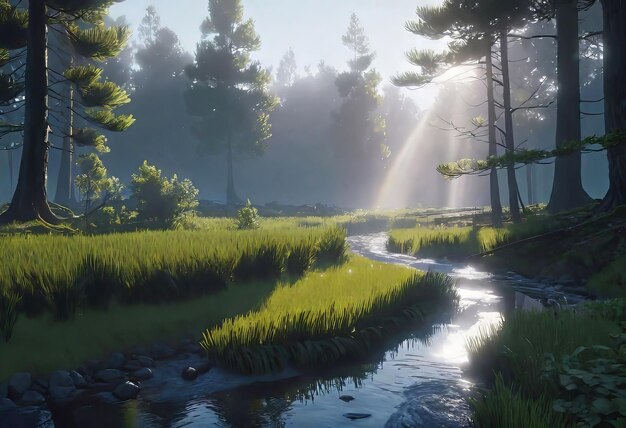 bosque en una espesa y densa niebla con el reflejo de los rayos del sol penetrando a través del follaje