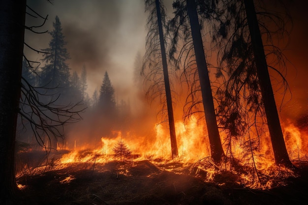 El bosque está en llamas mientras los árboles se queman y el humo se eleva hacia el cielo. El fuego continúa amenazando con consumir todo el bosque. IA generativa.