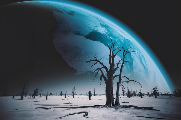 Foto bosque estéril con un árbol seco en un paisaje nevado tierra de fondo