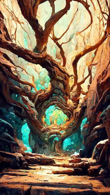 Bosque estilo maya árbol espeleólogo ilustración 3D