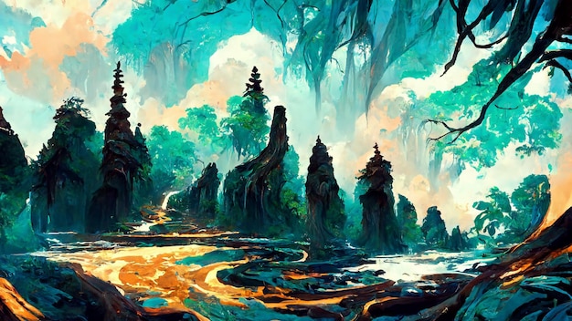 bosque, estilo maya, árbol, río, 3d, ilustración