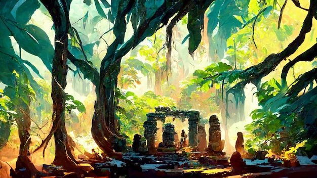 Bosque estilo maya cultura antigua ilustración 3D