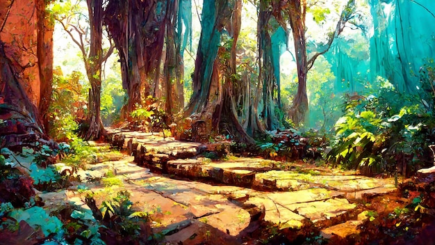 Bosque estilo maya cultura antigua ilustración 3D