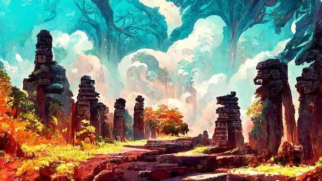 Bosque estilo maya cultura antigua ilustración 3D