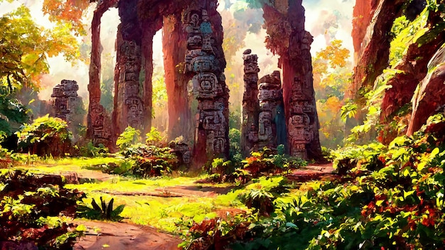 Bosque estilo maya cultura antigua ilustración 3D