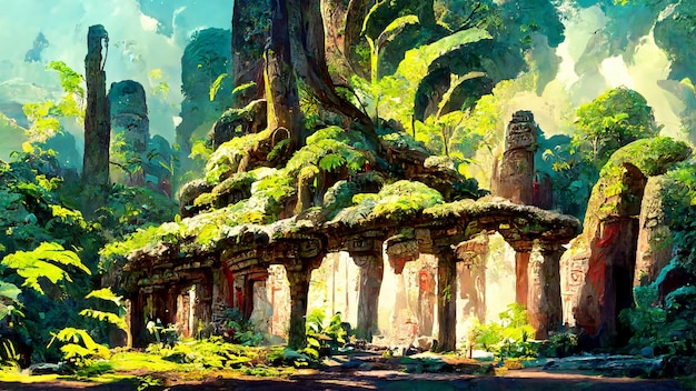 Bosque estilo maya cultura antigua ilustración 3D