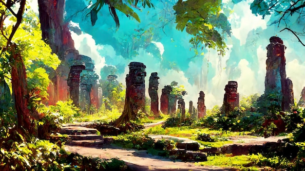 Bosque estilo maya cultura antigua ilustración 3D