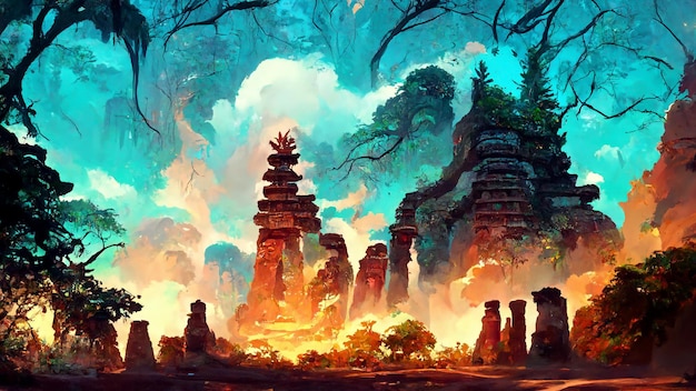 Bosque estilo maya cultura antigua ilustración 3D