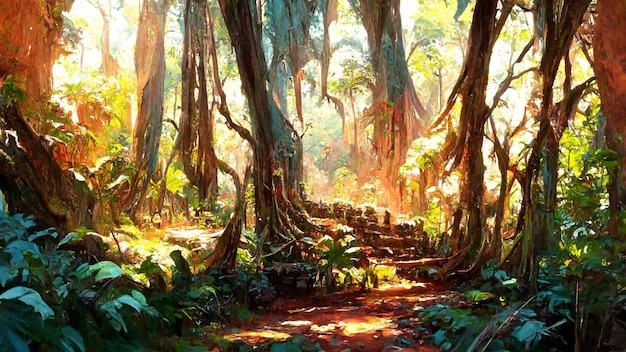 Bosque estilo maya cultura antigua ilustración 3D