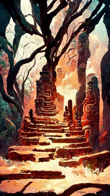 Bosque estilo maya cultura antigua ilustración 3D