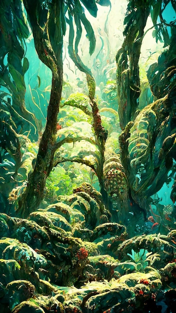 Bosque estilo maya bajo el mar ilustración 3D