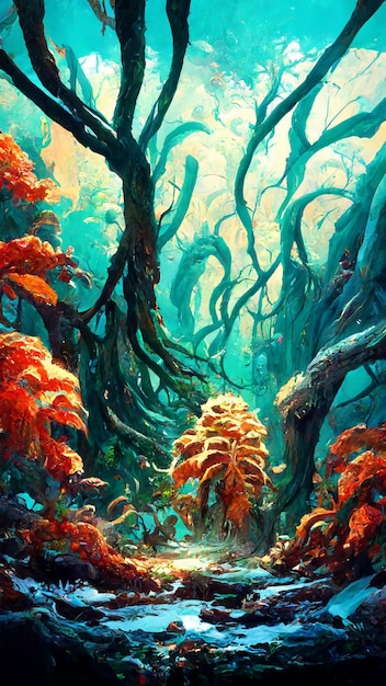 Bosque estilo maya bajo el mar ilustración 3D