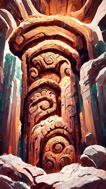 bosque, estilo maya, piedra, puerta, 3d, ilustración