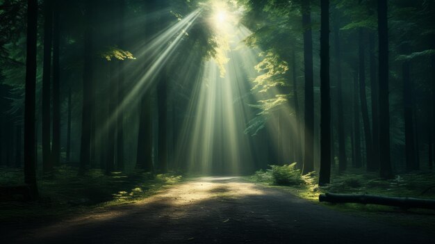 Bosque etéreo con rayos de luz atmósfera encantada